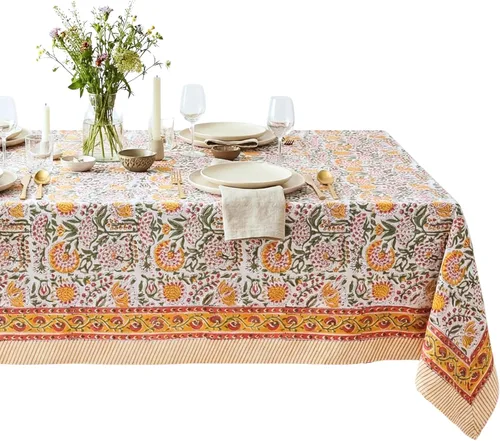 Vista 45 de ATOSII Mantel 100% algodón, Amara, floral, hecho a mano, rectangular, de lino, para cocina, comedor, fiestas, bodas, exteriores, picnics, Pascua