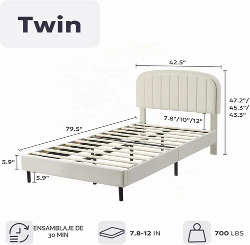 Vista 2 de Furnify Marco de cama individual, base de cama suave con esquinas redondeadas, base de cama tapizada de tela de terciopelo con cabecera redonda