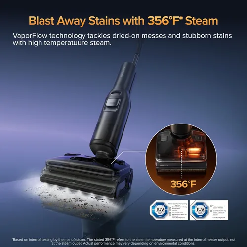 Vista 3 de roborock F25 Aspiradora Ultra de Vapor Húmeda y Seca, Trapeador de Vapor de 356°F y Aspiradora Trapeador Inalámbrica de Agua Caliente de 187°F Todo