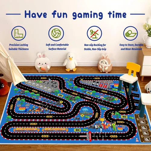 Vista 2 de Alfombra de coche para niños para autos de juguete, alfombra de pista de carreras, alfombra de carretera para sala de juegos, aula, habitación