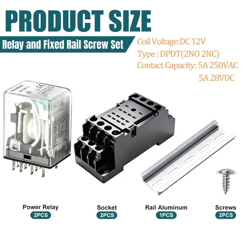 Vista 2 de mxuteuk 2 piezas HH54P DC 12V Bobina de 14 pines 3A 4PDT Relé de alimentación electromagnético con indicador LED, con base, con riel DIN de aluminio