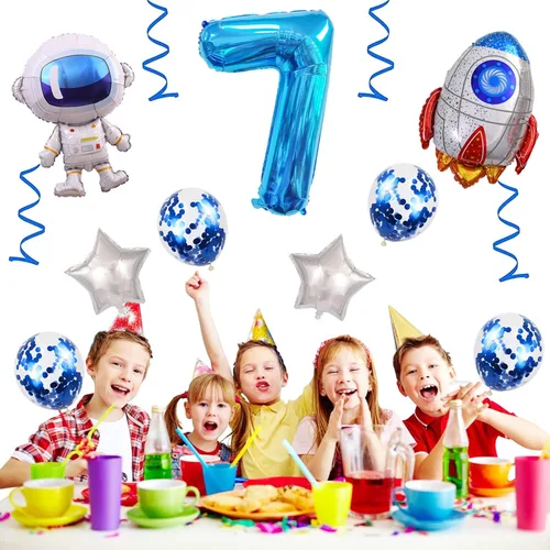 Vista 5 de Globos de cumpleaños de cohete de 7º astronauta, globo de fiesta de espacio exterior, globos gigantes de papel de aluminio de 32 pulgadas, globo