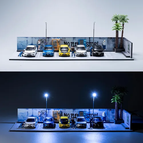 Vista 8 de Vitrina de 1/64, vitrina Hotwheels con pantalla de 1/64, aparcamiento con pantalla de 1/64 diorama con luces LED, vitrina modelo para 5 espacios