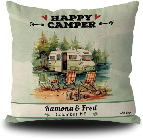 Vista 9 de Personalized Happy Campers Throw Pillow Cover RV Campsite Decoration Pillow Case Fireplace Camping Decor Cushion Cover for Sofa Couch Bed 18x18 Inch