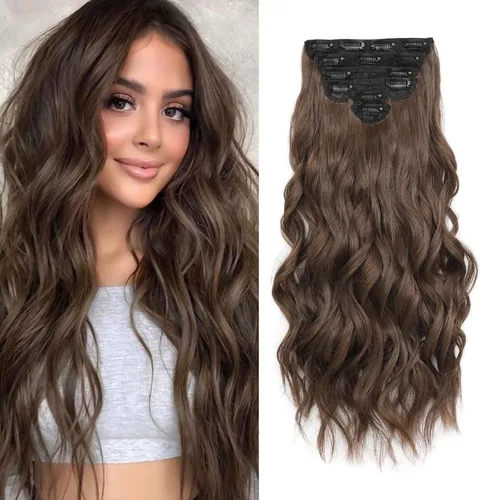 Vista 23 de Fliace Extensiones de cabello con clip para mujer, extensiones de cabello ondulado largo de color marrón medio, extensiones de cabello sintético
