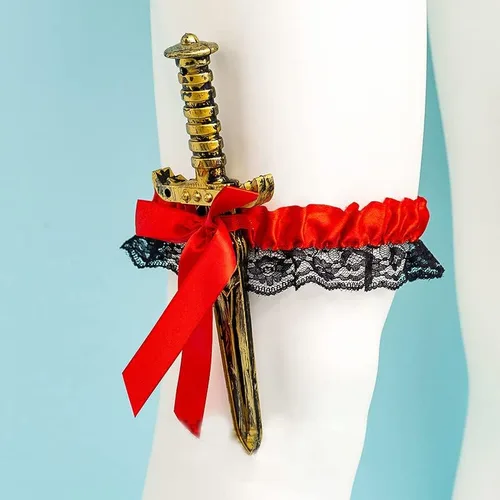 Vista 2 de 2 ligas de lazo con daga pirata, anillo de pierna de lazo de encaje, funda de pierna de espada para Halloween, carnaval, accesorios de vestir
