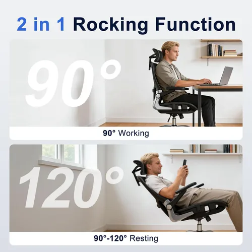 Vista 20 de marrap Silla de oficina ergonómica, silla de escritorio de malla con reposabrazos 3D, soporte lumbar ajustable y reposacabezas, función mecedora
