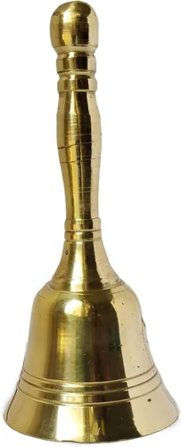 Vista 2 de GURU JEE™ Campana de latón tradicional india, campanilla de mano, pequeña campana para templo, campanilla de boda, cascabel de mano de Navidad