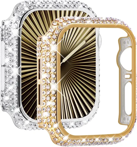 Vista 14 de NewWays Paquete de 2 fundas brillantes con diamantes completos para Apple Watch 40mm para mujeres, protector de diamantes completamente pavimentado