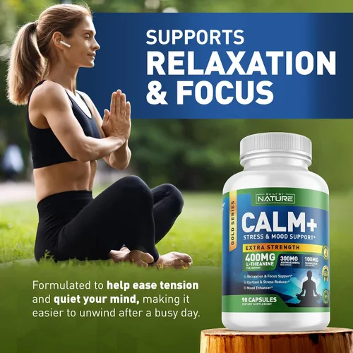 Vista 5 de Built by Nature Calm+ Relajación y Enfoque – Apoyo al estrés, Cortisol y estado de ánimo – Suplemento calmante con L-teanina, Ashwagandha, glicinato