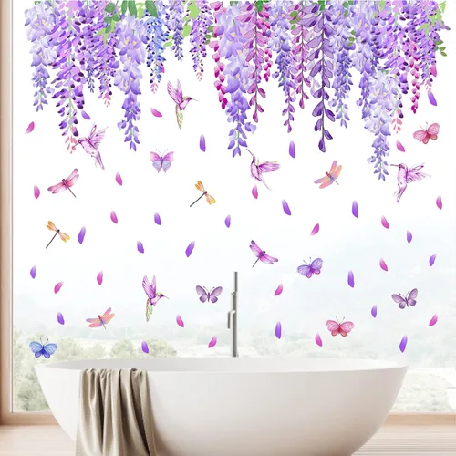 Vista 7 de Calcomanías de pared de flores moradas de acuarela, calcomanías de ventana