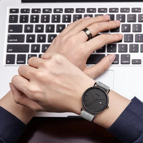 Vista 2 de BUREI - Reloj de pulsera analógico para hombre con fecha, extensible de malla de acero inoxidable