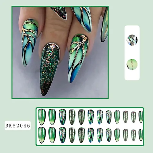 Vista 5 de Uñas acrílicas artificiales de punta francesa verde – Forma de almendra de longitud media con diseño de diamantes de imitación 3D de lámina dorada