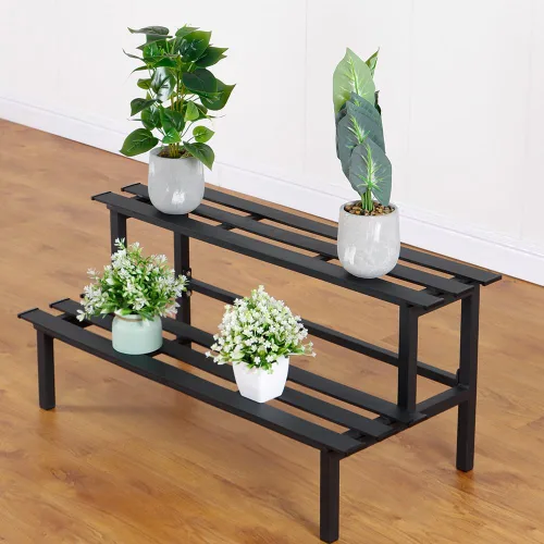 Vista 8 de Soporte de plantas de metal resistente de 2 niveles para interiores y exteriores, estante decorativo para exhibición de plantas para jardín, patio