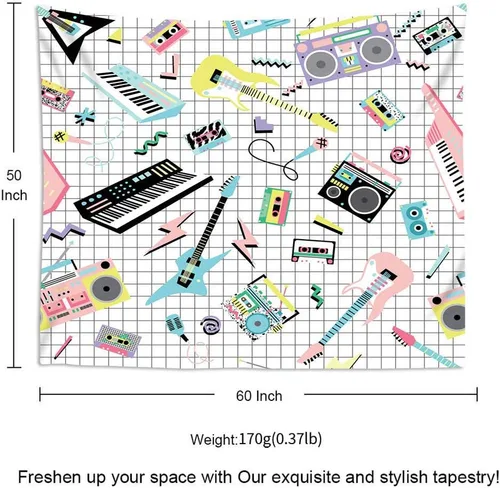 Vista 4 de Suklly Tapiz para colgar en la pared, música retro de los años 80 y 90, instrumentos musicales y reproductores de cassette, decoración del hogar