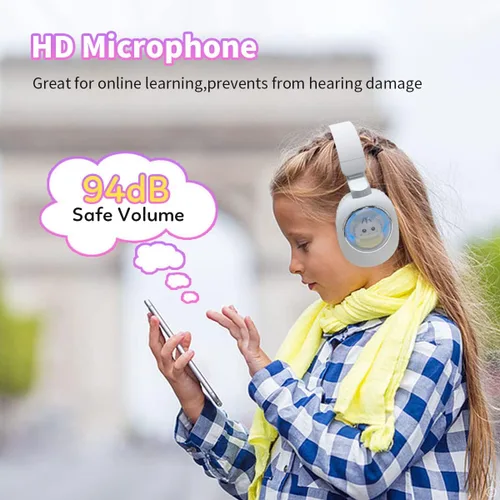 Vista 6 de Auriculares inalámbricos con luces LED, auriculares para niños con Bluetooth iluminado sobre la oreja con micrófono y tarjeta SD para la escuela