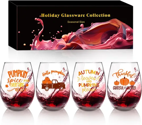 Vista 6 de CNVOILA Juego de Vasos de Vino de Acción de Gracias: Vasos y Tazas sin Tallo de 18oz para Decoración y Adornos de Otoño de Acción de Gracias, Tazas
