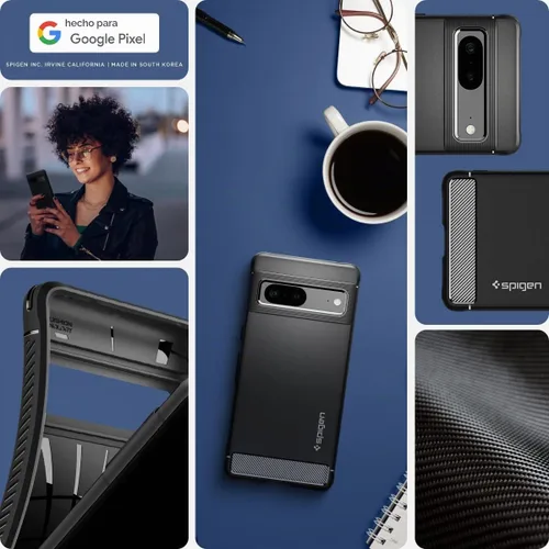 Vista 2 de Spigen Rugged Armor - Carcasa para Google Pixel 7, color negro mate Patrón de fibra de carbono, agarre seguro, tecnología de cojín de aire