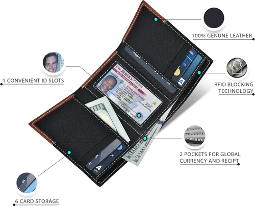 Vista 3 de Carteras RFID delgadas para hombre billetera triple con bolsillo frontal de cuero genuino Cartera RFID