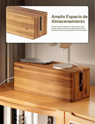 Vista 4 de Caja de gestión de cables de madera de acacia TIDITA con borde redondo - Caja organizadora de cables de madera de 40.6 cm de largo para ocultar