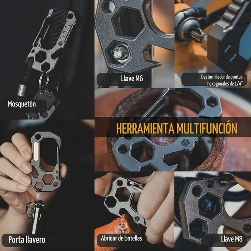 Vista 3 de KeyUnity KU01 Llavero de titanio con mosquetón multiherramienta, soporte para llaves de mosquetón, llaves de tornillo, soporte para brocas