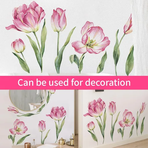Vista 3 de 2 hojas de calcomanías de pared de flores rosas grandes, tulipán, flores, flores, jardín, hojas verdes, plantas, vinilo, bricolaje, decoración