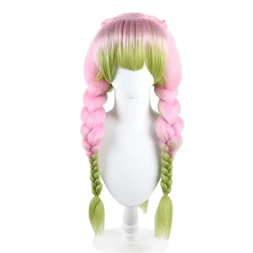 Vista 2 de IMEYLE Kanroji Mitsuri Peluca para Demon Slayer Cosplay peluca larga recta trenzada rosa y verde para mujeres y niñas, peluca sintética de anime