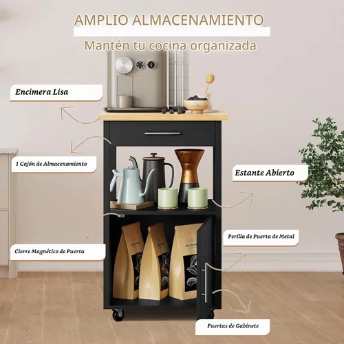 Vista 5 de Shintenchi - Carrito de isla de cocina con almacenamiento, mesa rodante Negro-22 pulgadas