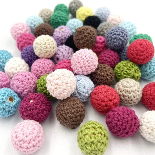 Vista 2 de Cuentas de ganchillo de algodón de madera de 0.630 in, 50 cuentas de colores mezclados para bricolaje collar pulsera