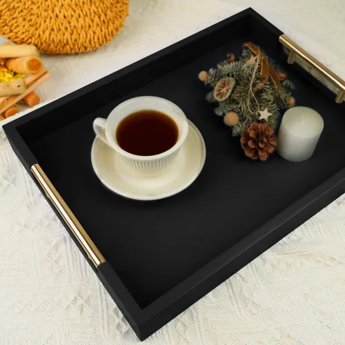 Vista 6 de Bandeja decorativa de madera para mesa auxiliar, bandeja de servicio con acabado mate de 16 pulgadas con asas para otomana, sala de estar, perfume