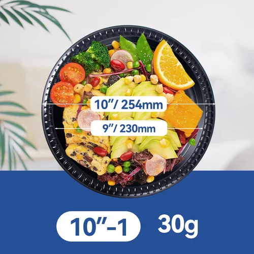 Vista 3 de Paquete de 150 platos desechables negros de 10 pulgadas, envoltura retráctil, listos para usar BPA Free Mineral-PP Microwave Safe Plastic Heavy