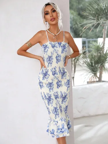 Vista 4 de Floerns Vestido de tirantes sin mangas con estampado floral elegante y dobladillo con volantes para mujer