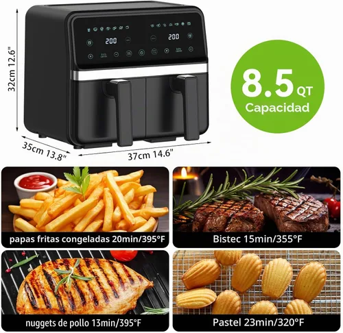 Vista 4 de Freidora de aire de doble cesta de 8 cuartos de galón, pantalla táctil digital, acabado de sincronización inteligente, apagado automático, 2 cestas