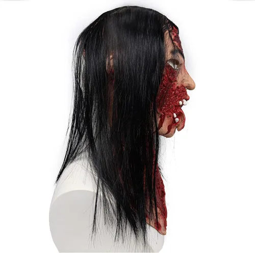 Vista 6 de Bulex Máscara de fantasma de mueca de terror de Halloween, piel de emulsión de zombi aterradora con pelo rojo