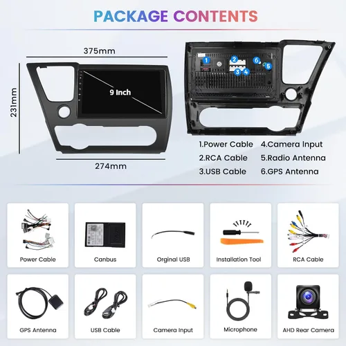 Vista 7 de [2+64 GB] Hikity para Honda Civic 2013-2017 Android estéreo de coche con Apple Carplay Android Auto, pantalla táctil de 9 pulgadas, radio de coche