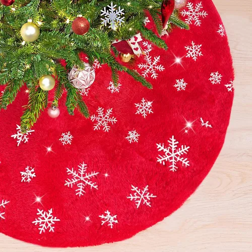 Vista 15 de Falda de árbol pequeña de 24 pulgadas, falda de árbol de piel sintética blanca de Navidad de 4 pies, mini copos de nieve de lentejuelas doradas