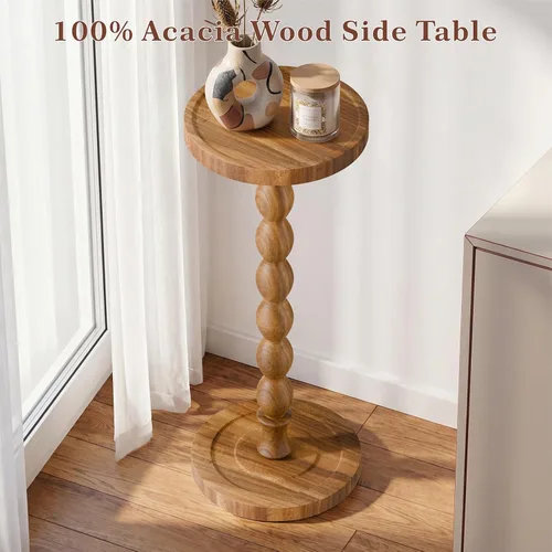 Vista 5 de Mesa auxiliar redonda pequeña, mesa de madera de acacia para espacios pequeños, mesas decorativas modernas, mesas auxiliares de café con pedestal