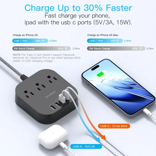 Vista 3 de Regleta de alimentación - Cable de extensión de 10 pies de largo con puertos USB C, 3 tomacorrientes 4 estación de carga de escritorio USB, regleta
