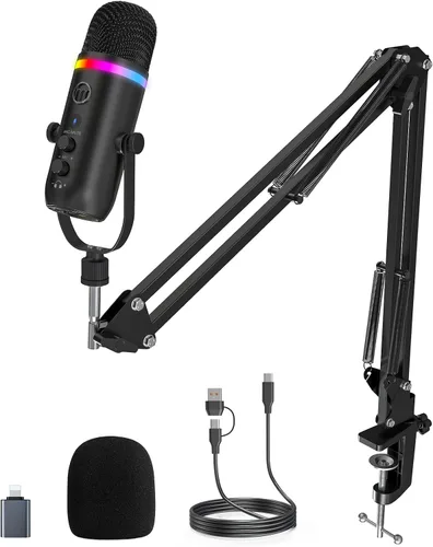 Vista 9 de ZealSound Micrófono de podcast con brazo de brazo, micrófono USB con reducción de ruido, silencio, eco y control de volumen, monitoreo de latencia