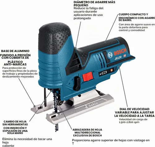 Vista 2 de Bosch JS120N Sierra de calar de agarre de barril de 12V Max, inalámbrica, velocidad variable, cambio de hoja de sierra sin herramientas