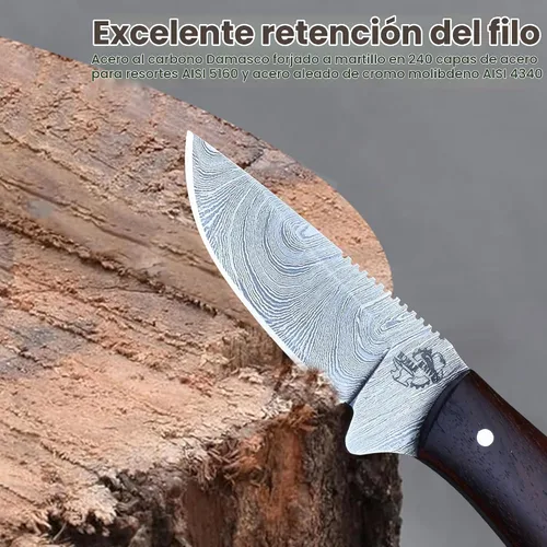 Vista 3 de Knives Ranch Cuchillo EDC hecho a mano de acero de Damasco de 5.5 pulgadas, hoja fija de espiga completa, mango de palisandro, funda de cuero