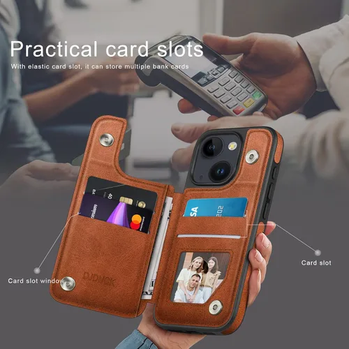 Vista 3 de DJDUCK Funda diseñada para iPhone 13 con tarjetero y cierre magnético, protección de cuero con bloqueo RFID, a prueba de golpes, para mujeres