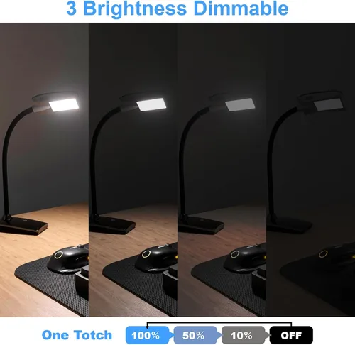Vista 2 de Lámpara de escritorio LED de 3 brillos regulables para el cuidado de los ojos, lámpara de mesa negra, cuello de cisne flexible, luz de escritorio