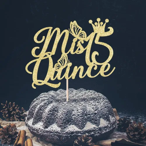 Vista 8 de Kaoenla Mis membrillo 15 para tartas dorado con purpurina para cumpleaños 15, saludos a los 15 años, quinceañera, decoraciones de feliz cumpleaños