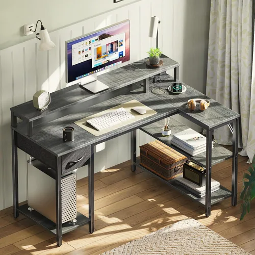 Vista 9 de SUPERJARE Escritorio reversible en forma de L de 47 pulgadas con luces LED y tomas de corriente, escritorio para computadora con estantes y soporte