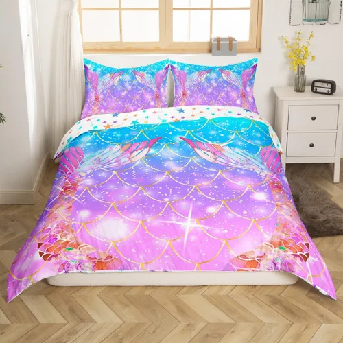 Vista 3 de Erosebridal Funda de edredón con cola de sirena para niñas, funda de edredón con escamas de pez de sirena, juego de ropa de cama de sirena de arco