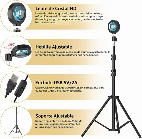 Vista 3 de Balkwan Lámpara de Piso con Proyección de Puesta de Sol, Lámpara Nocturna Led con Soporte Ajustable de 140cm, Rotación de 360 Grados, Luz de Red