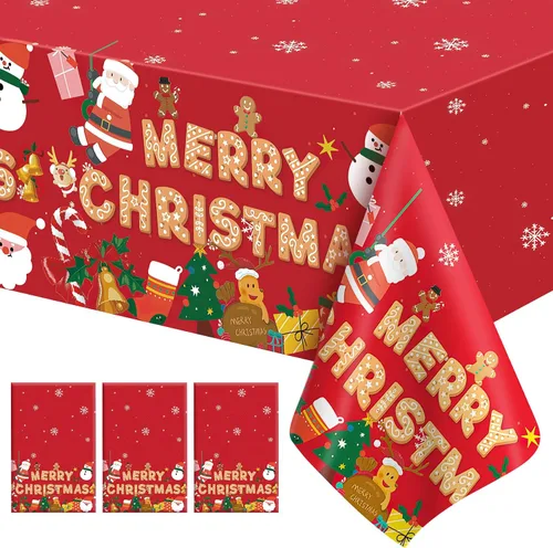 Vista 17 de Mantel de Navidad, 2 piezas de mantel desechable de plástico rojo, mantel de 54 x 108 pulgadas para decoraciones de Navidad, mantel de árbol