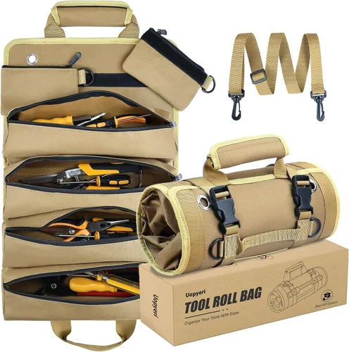 Vista 2 de Bolsa enrollable de herramientas – Organizador de herramientas enrollable resistente con 2 bolsas extraíbles, almacenamiento de herramientas