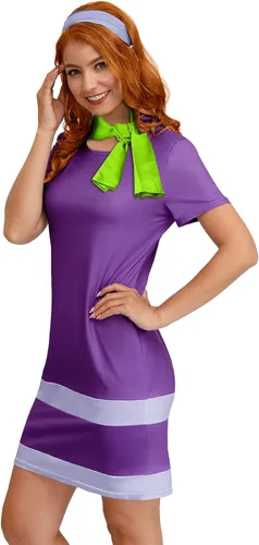 Vista 4 de For G and PL Disfraz de Halloween de manga corta para mujer, minivestido morado con bufanda y diadema